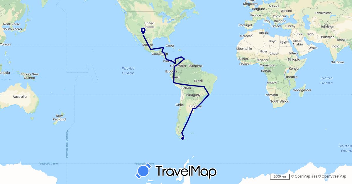 TravelMap itinerary: driving in Argentina, Brazil, Belize, Colombia, Costa Rica, Honduras, Mexico, Netherlands, Panama, Peru, United States, Uruguay, Venezuela (Europe, North America, South America)